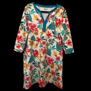 Lands End Tropical Floral Swim Cover Up Dress Sz L 14-16 Resortcore Beach